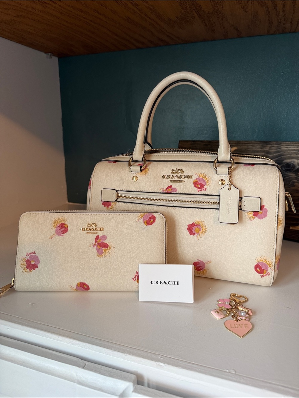 EUC Coach Cream Satchel and Wallet with Pink Floral Print and cute charm!